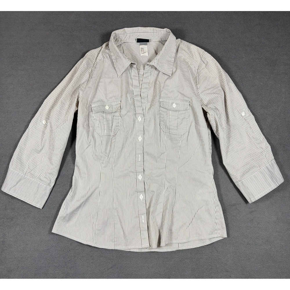 H&M Button Down Shirt Womens Size 8 Taupe White Striped 3/4 Sleeve